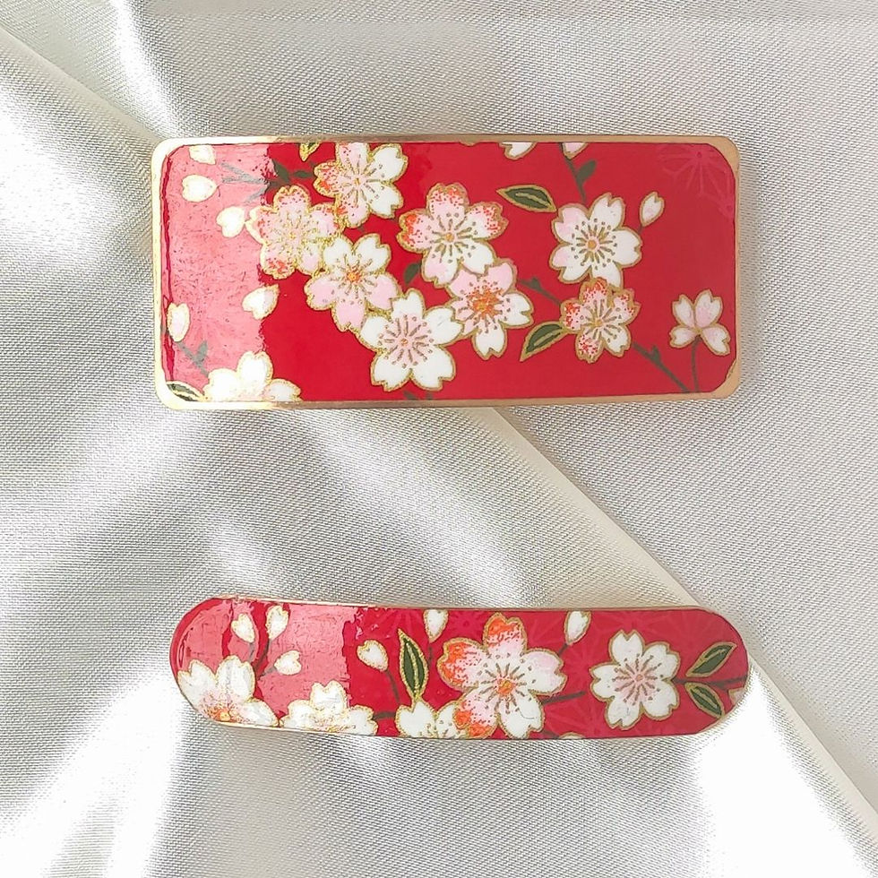 Miniature : Barrette à cheveux rectangulaire - motif fleurs de cerisier, rouge et blanc