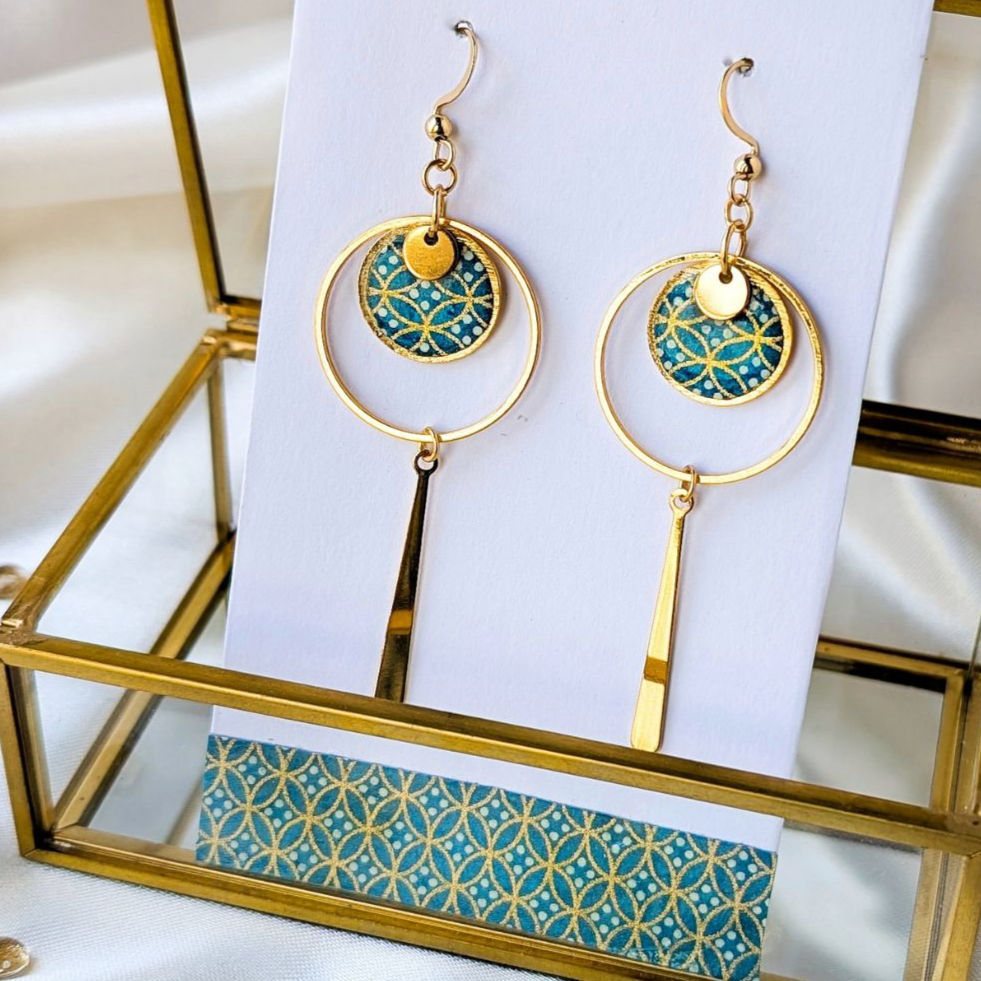 Boucles d'oreilles japonaises dorées, motifs géométriques, Vert canard et or