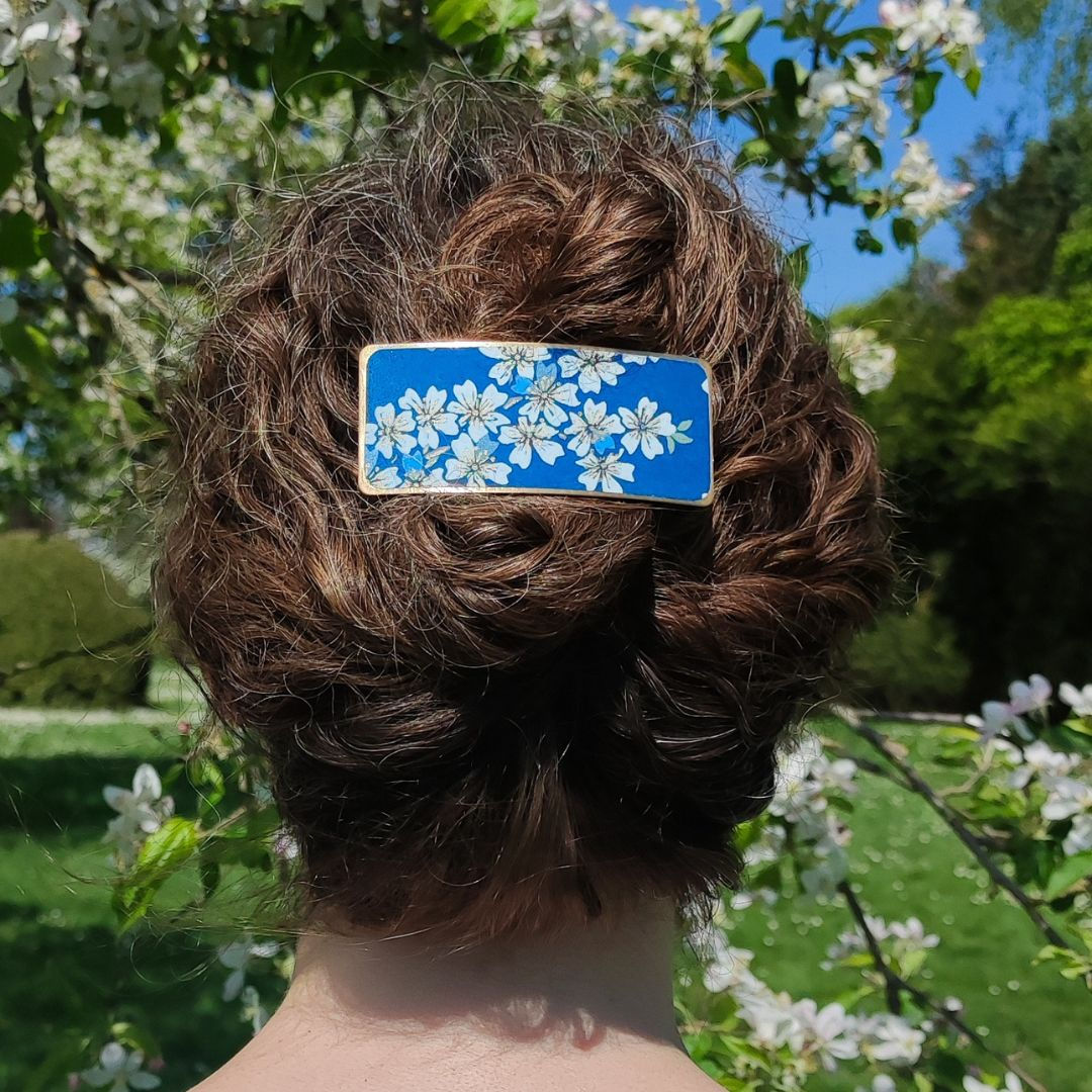 Barrette à cheveux rectangulaire - motif fleurs de cerisier, camaieu de bleus
