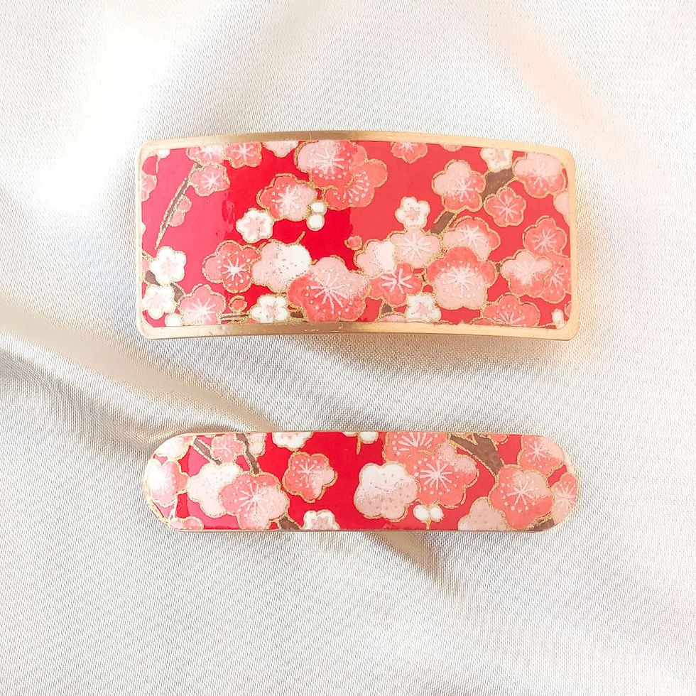 Miniature : Barrette à cheveux rectangulaire - motif fleurs de prunier, couleur corail