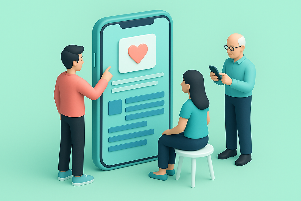 3D illustration of people interacting with a mobile app on a giant screen, symbolizing user experience (UX) design, digital inclusion and product development with technology accessible to all ages.