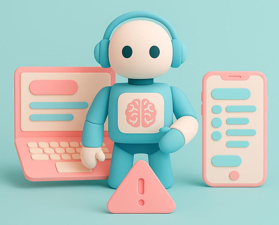 3D illustration of a robot with a brain symbol on its chest, positioned between a laptop and a smartphone, with an alert icon in front of it—symbolizing security risks and alerts in digital systems with artificial intelligence.