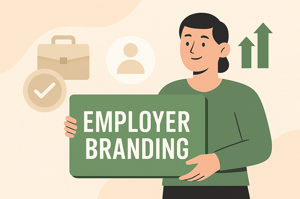 Ilustração flat de uma pessoa segurando uma placa verde com a frase ‘Employer Branding’, acompanhada de ícones de check, portfólio e setas ascendentes, simbolizando valorização e atratividade da marca empregadora.