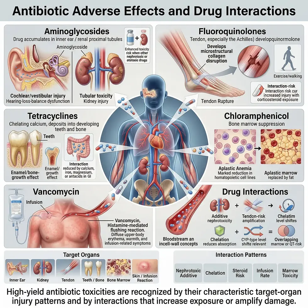 https://www.eduovisual.com/step-1-modules-1/antibiotic-adverse-effects-and-drug-interactions%3A-high-yield-toxicities-(aminoglycoside-ototoxicity%2Fnephrotoxicity%2C-fluoroquinolone-tendon-rupture%2C-tetracycline-teeth%2C-chloramphenicol-aplastic-anemia%2C-vancomycin-red-man-syndrome)