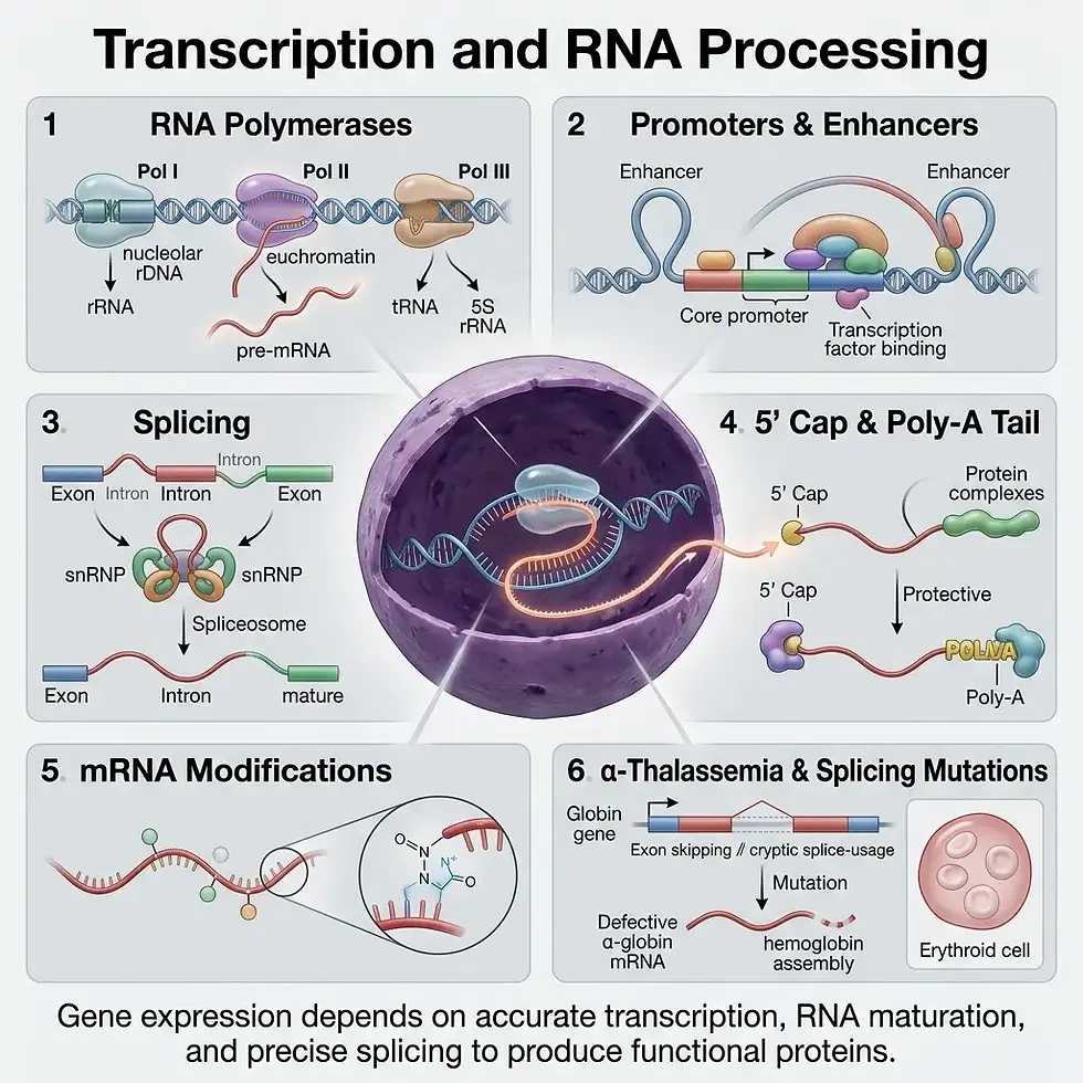 https://www.eduovisual.com/step-1-modules-1/transcription-and-rna-processing%3A-rna-polymerases-(i%2C-ii%2C-iii)%2C-promoters%2C-enhancers%2C-splicing-(snrnps%2C-spliceosome)%2C-5'-cap%2C-poly-a-tail%2C-mrna-modifications%2C-alpha-thalassemia-and-splicing-mutations
