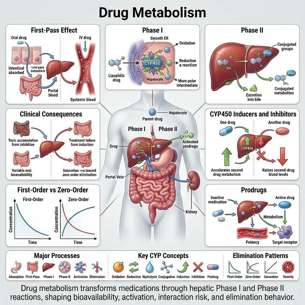 https://www.eduovisual.com/step-1-modules-1/drug-metabolism%3A-phase-i-(cyp450-oxidation%2C-reduction%2C-hydrolysis)-and-phase-ii-(conjugation)-reactions%2C-cyp450-inducers-and-inhibitors%2C-first-pass-effect%2C-prodrugs%2C-zero-order-vs-first-order-elimination