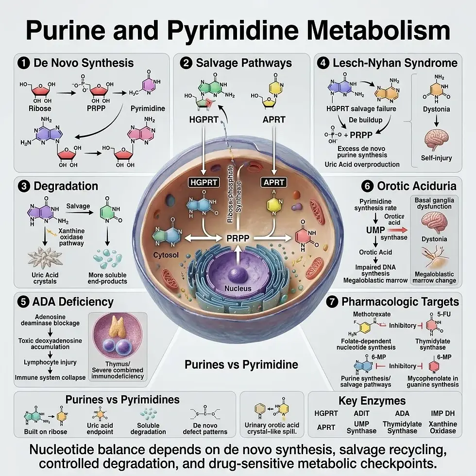 https://www.eduovisual.com/step-1-modules-1/purine-and-pyrimidine-metabolism%3A-de-novo-synthesis%2C-salvage-pathways-(hgprt%2C-aprt)%2C-degradation%2C-lesch-nyhan-syndrome%2C-adenosine-deaminase-deficiency%2C-orotic-aciduria%2C-pharmacologic-targets-(methotrexate%2C-5-fu%2C-6-mp%2C-mycophenolate)
