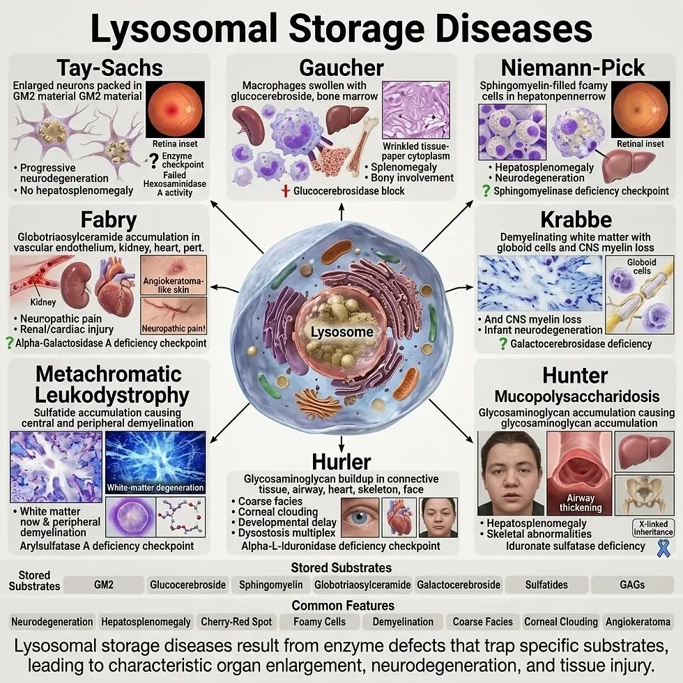 https://www.eduovisual.com/step-1-modules-1/lysosomal-storage-diseases%3A-tay-sachs%2C-gaucher%2C-niemann-pick%2C-fabry%2C-krabbe%2C-metachromatic-leukodystrophy%2C-hurler%2C-hunter-%E2%80%94-enzyme-defects%2C-substrates%2C-clinical-features