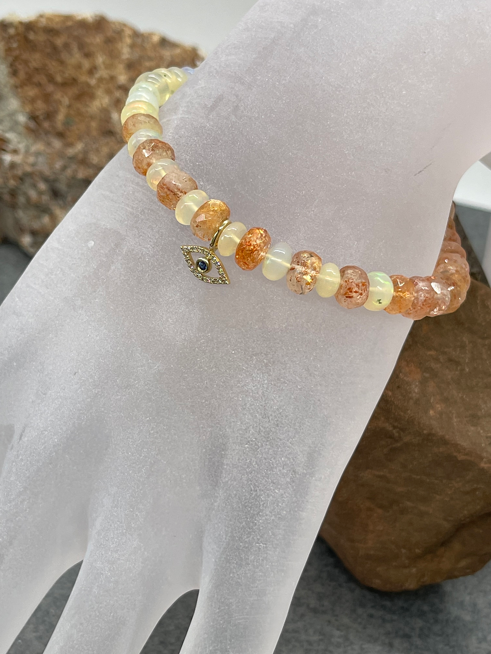 Thumbnail: 14K Sunstone Opal Diamond Evil Eye bracelet