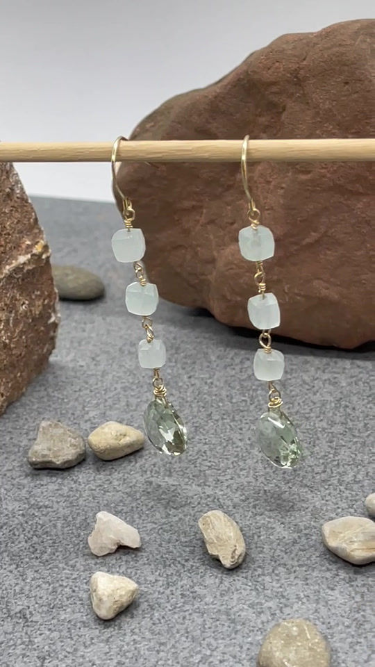 Thumbnail: 14K Aquamarine Cube Green Quartz dangle drop earring
