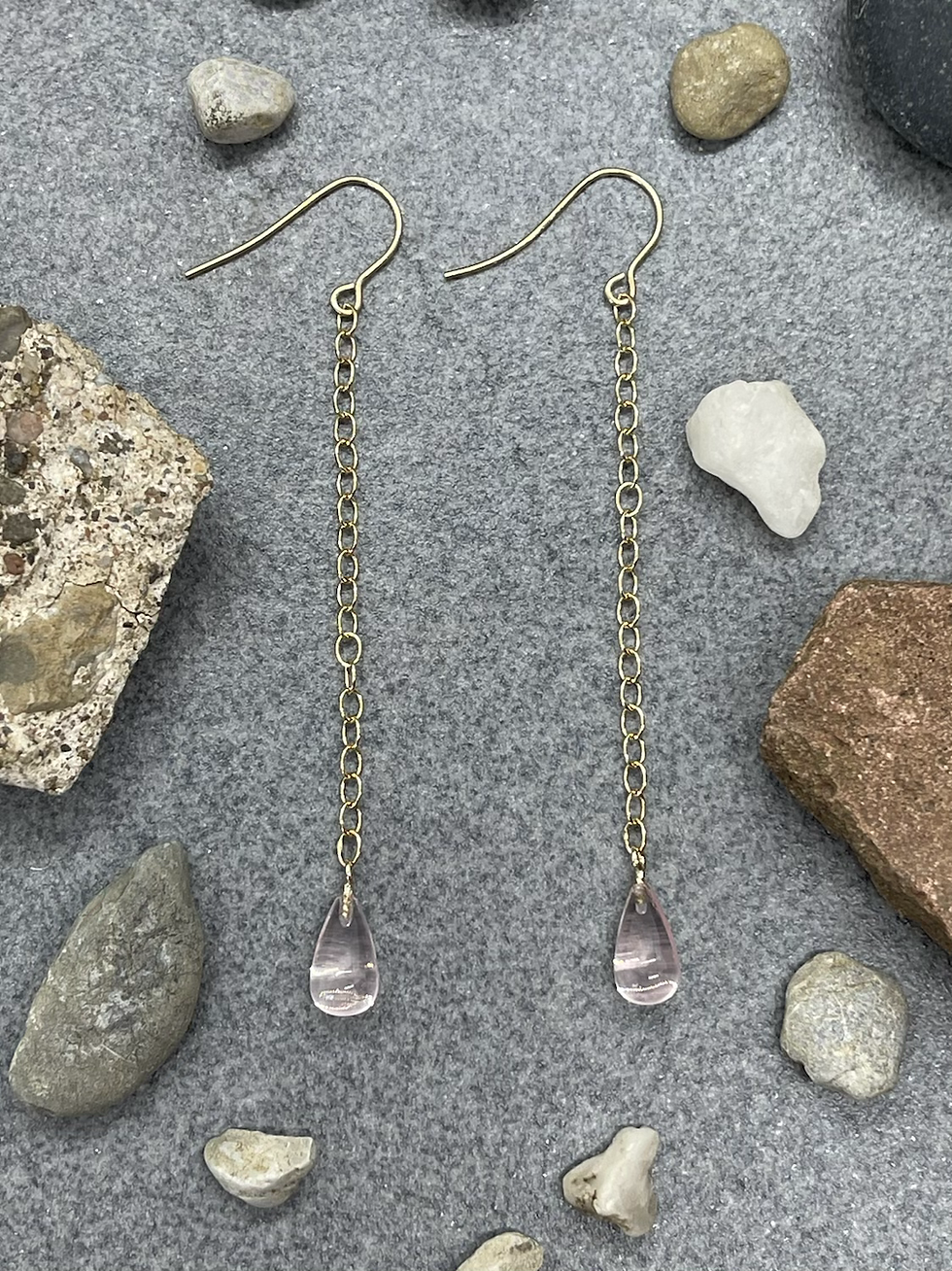 Thumbnail: 14K Rose Quartz teardrop chain dangle earring
