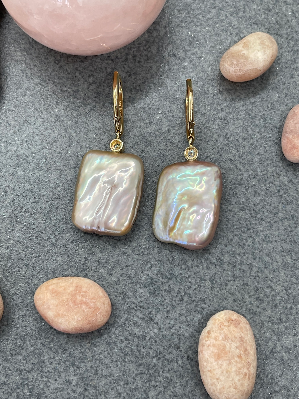 Thumbnail: 14K Rectangular Fresh Water Pearl with Diamond drop earring