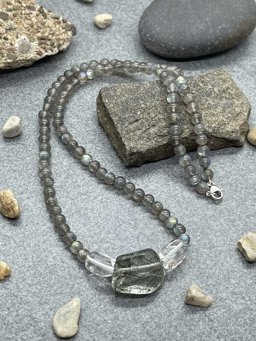 Thumbnail: 14K Tourmalinated Quartz center Labradorite Rock Crystal necklace