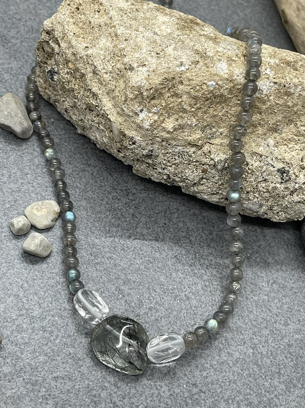 Thumbnail: 14K Tourmalinated Quartz center Labradorite Rock Crystal necklace