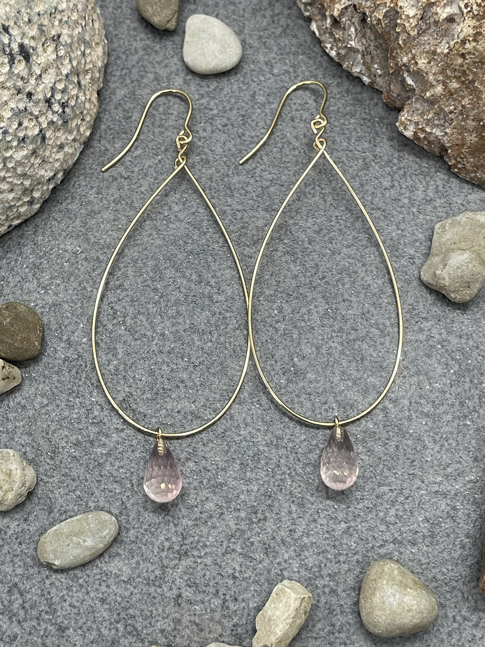Thumbnail: 14K Rose Quartz teardrop hoop earring