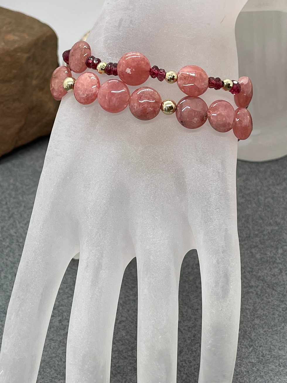 Thumbnail: 14K Rhodochrosite Garnet gold bead bracelet