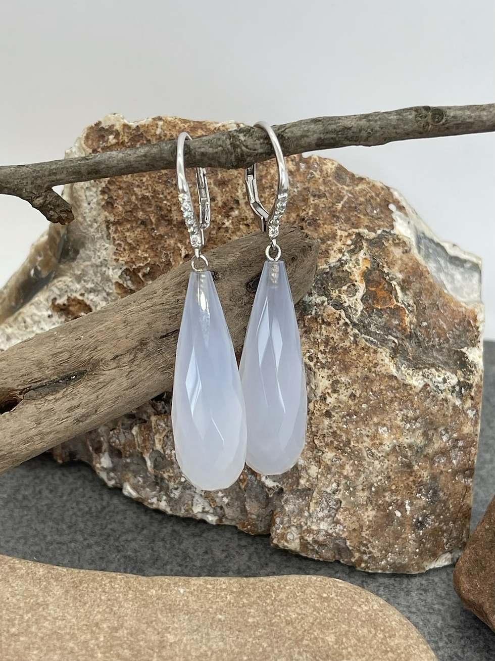 Thumbnail: 14K Diamond Blue Chalcedony drop earring