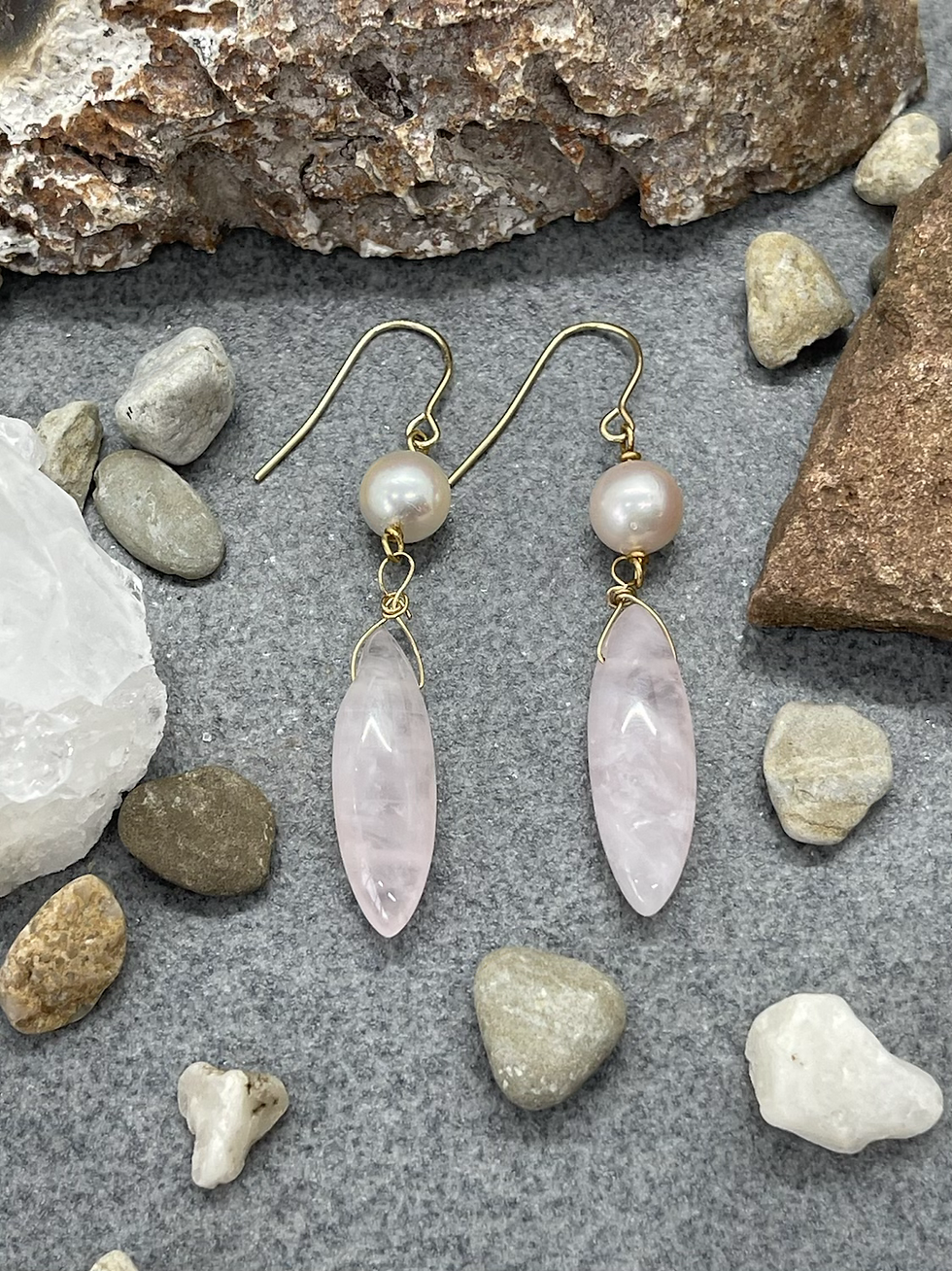 Thumbnail: 14K Pearl Rose Quartz dangle drop earring