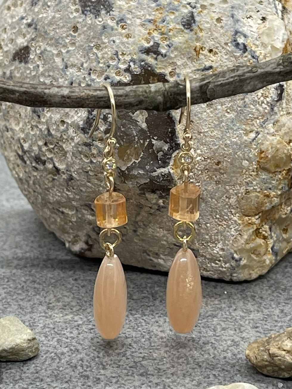 Thumbnail: 14K Peach Moonstone and Imperial Topaz diamond dangle earring