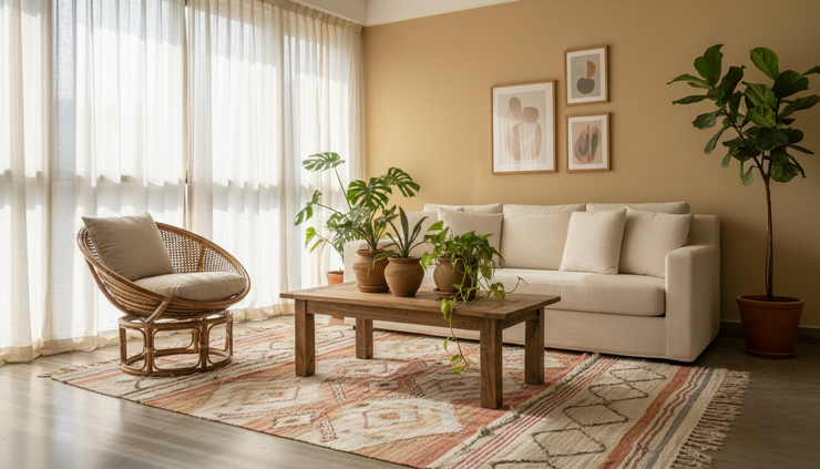 Wide-angle view of a calm living room with layered furniture and natural light