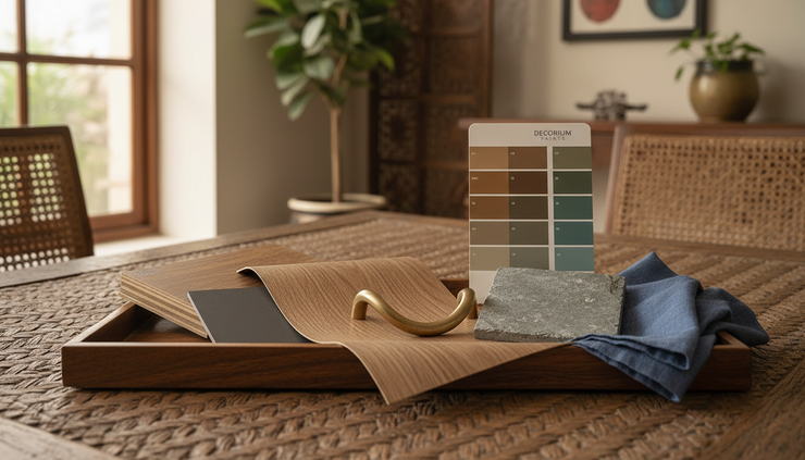 Close-up view of material samples arranged on a wooden tray