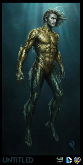 Aquaman unused character concept design — muscular aquatic humanoid with gold and teal scaled skin, long flowing hair, and underwater lighting — concept art by Rob McKinnon Sr. for early Len Wiseman DC project.