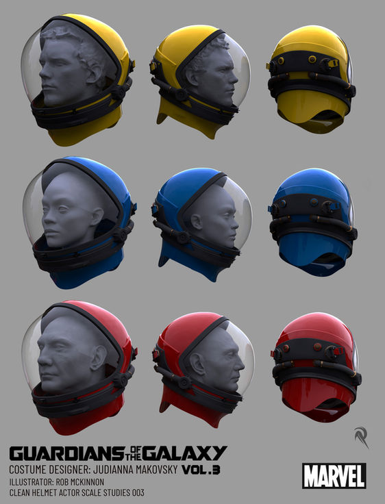A set of custom  design studies and digital helmet variants for The Guardians of the Galaxy vol 3 film. Digital 3d concept hardsurface prop design, exploring texture, finish, and material depth.