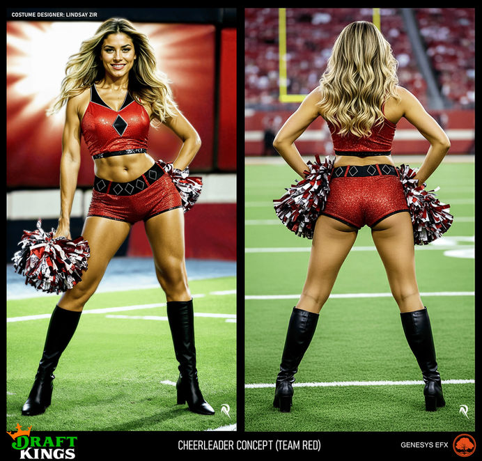 DraftKings Kevin Hart commercial costume design collaboration with Lindsay Zir, featuring concept art by Rob McKinnon Sr. and Genesys EFX for cheerleader and football player outfits in cinematic sportswear style.