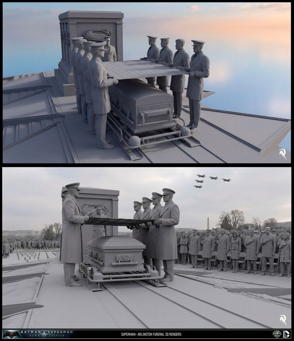 A dramatic cinematic keyframe of a military honor guard standing over a flag-draped casket at Arlington National Cemetery, featuring a sunset sky and jet flyover for the film Batman v Superman by Rob McKinnon Sr.