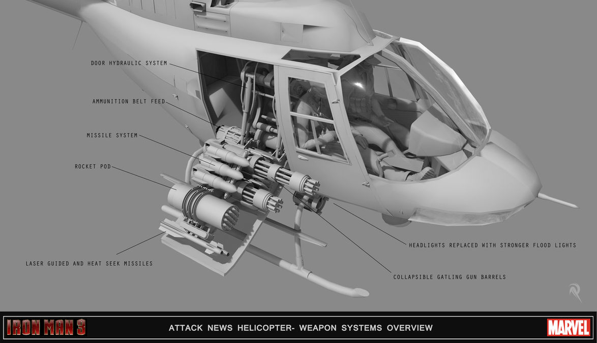 3D concept and modeling work for a makeshift attack chopper featured in Iron Man 3.