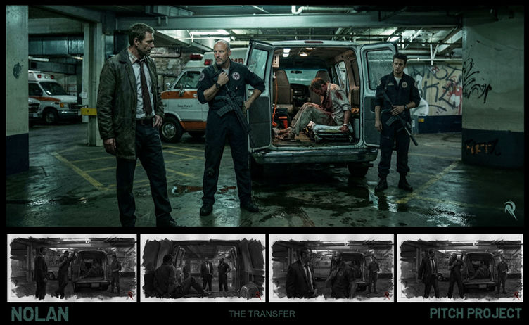 Cinematic keyframe of soldiers standing by an ambulance in a dark parking garage, featuring high-contrast lighting and narrative storyboards below.