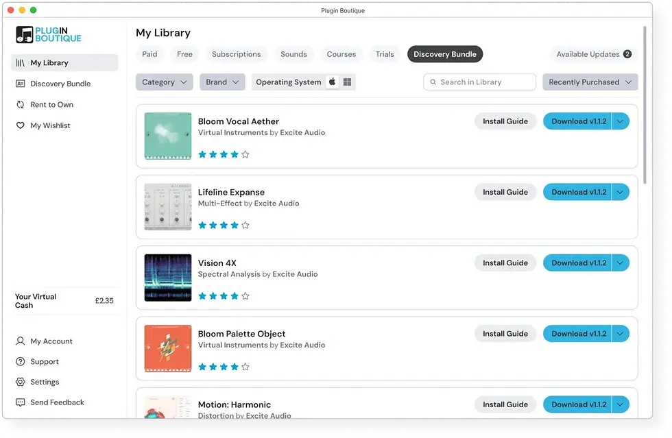 Screenshot of the Plugin Boutique app My Library page, Discovery Bundle tab, listing Excite Audio plugins with download