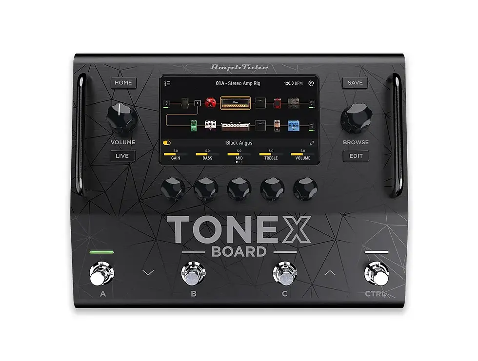 IK Multimedia TONEX Board from above, with a color screen showing an amp rig, five knobs and four footswitches