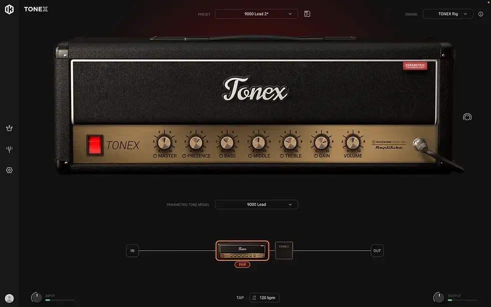 TONEX software screenshot of a Parametric Tone Model amp head called 9000 Lead, with seven knobs from master to volume