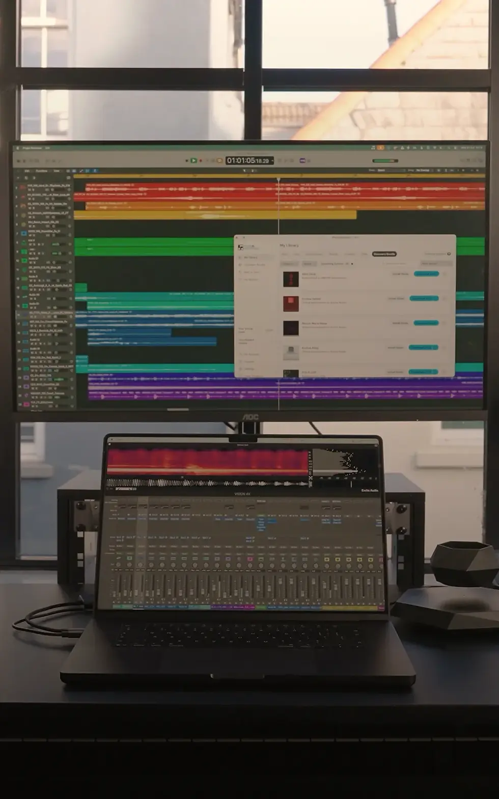 Large monitor with a multitrack DAW and Plugin Boutique app open above a laptop showing a mixer and spectrogram