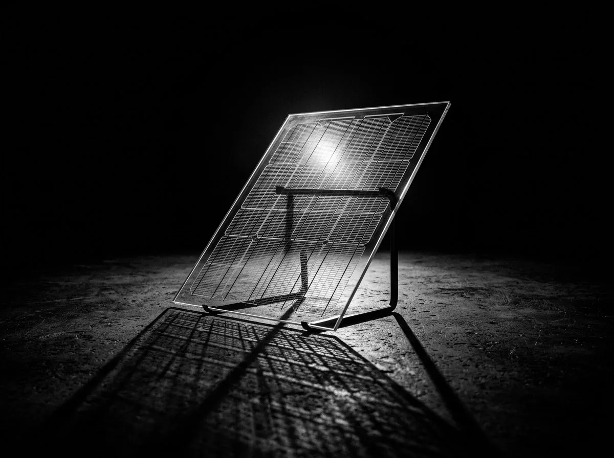 A translucent solar tile on a slim stand, backlit, casting a grid-patterned shadow.