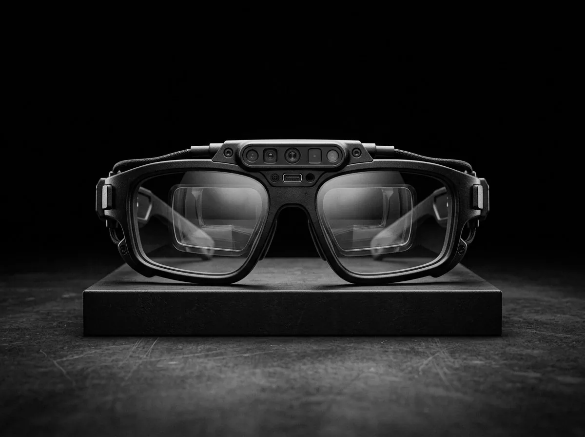 Rugged mixed-reality smart glasses with a sensor array, resting on a plinth.