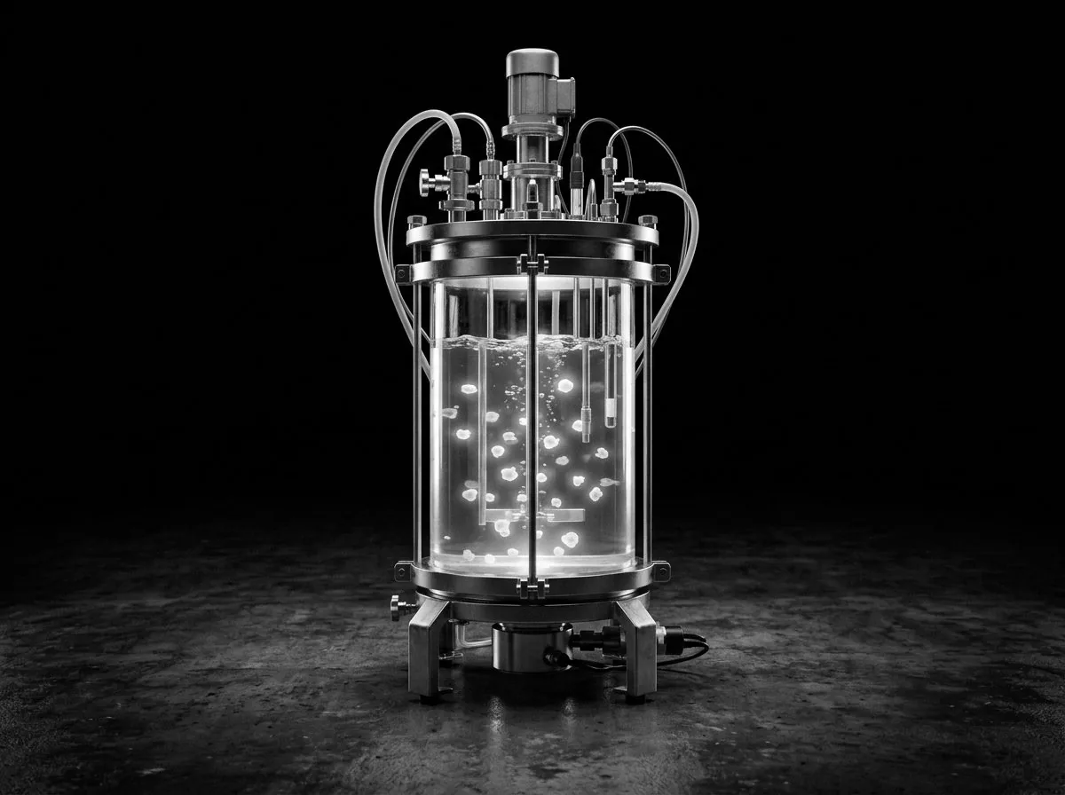 A glass bioreactor vessel with steel fittings, glowing organoids suspended inside.