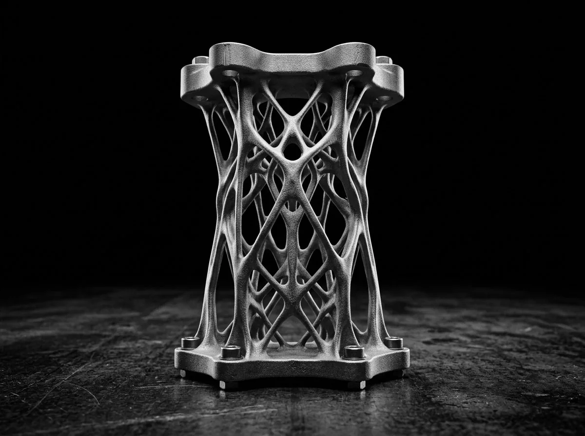 A 3D-printed metal bracket with an organic, bone-like lattice structure.