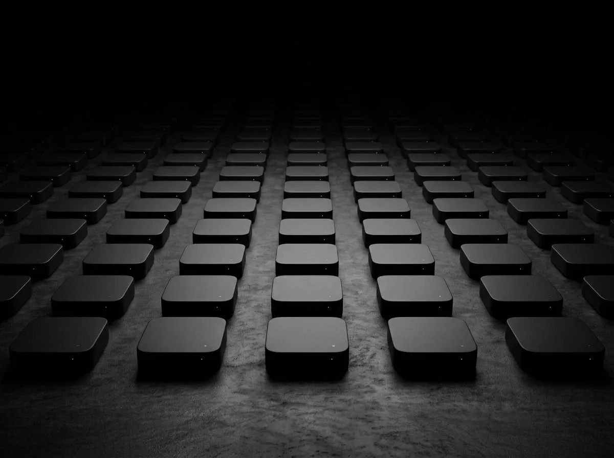 Rows of identical small black devices receding into darkness.