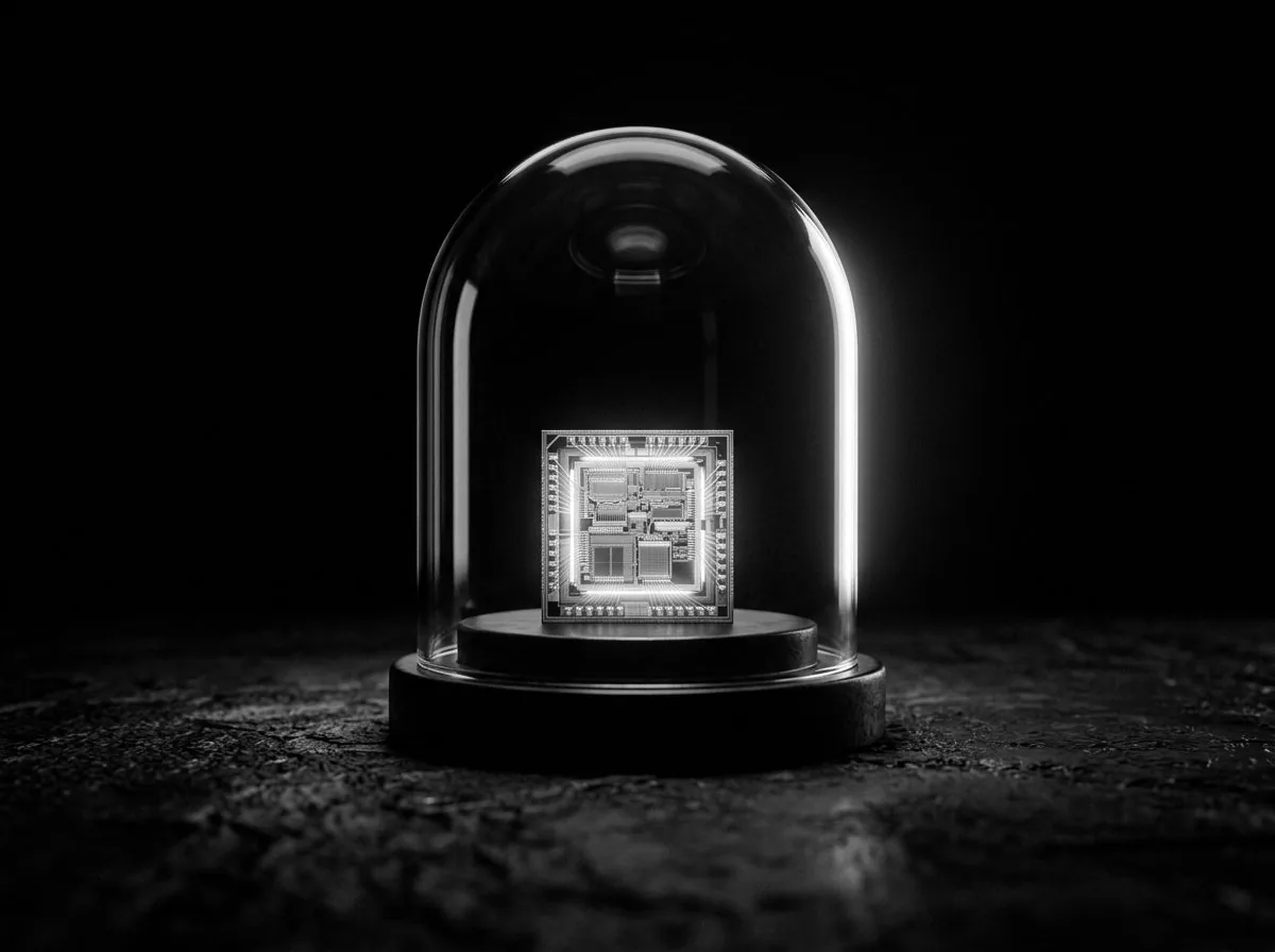 A glowing microchip on a pedestal under a glass bell jar.