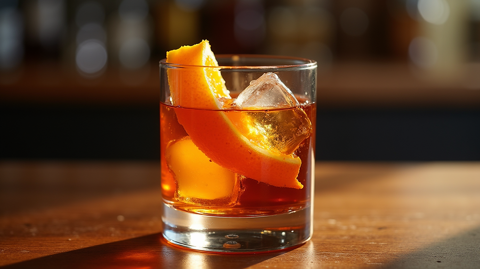 Close-up view of an Old Fashioned cocktail with an orange twist and ice cubes