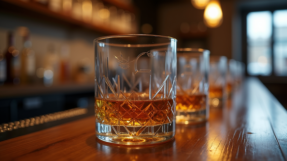 Close-up view of a set of etched whiskey glasses on a wooden bar counter
