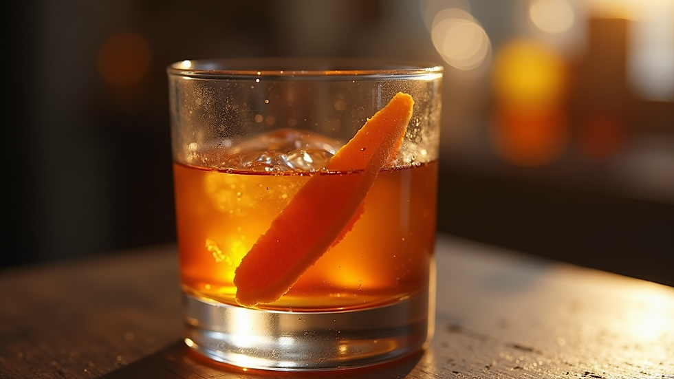 Close-up view of an Old Fashioned cocktail with an orange twist garnish