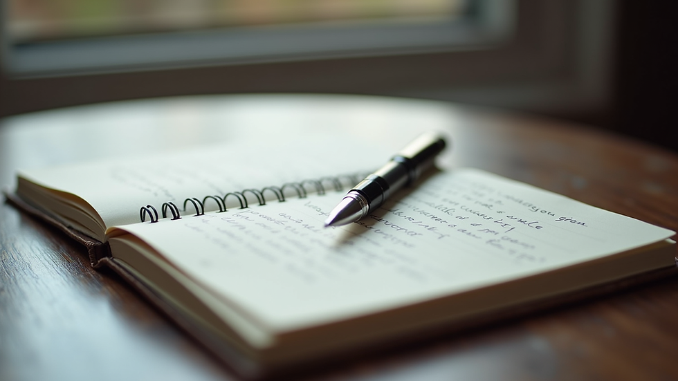 Close-up view of a writer’s notebook with handwritten notes and a pen