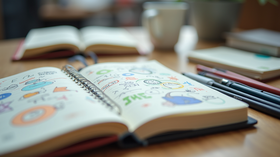 eye-level view of sketchbook with colorful doodles and notes