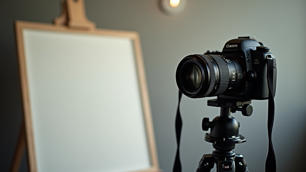 eye-level view of a digital camera mounted on a tripod focused on a canvas