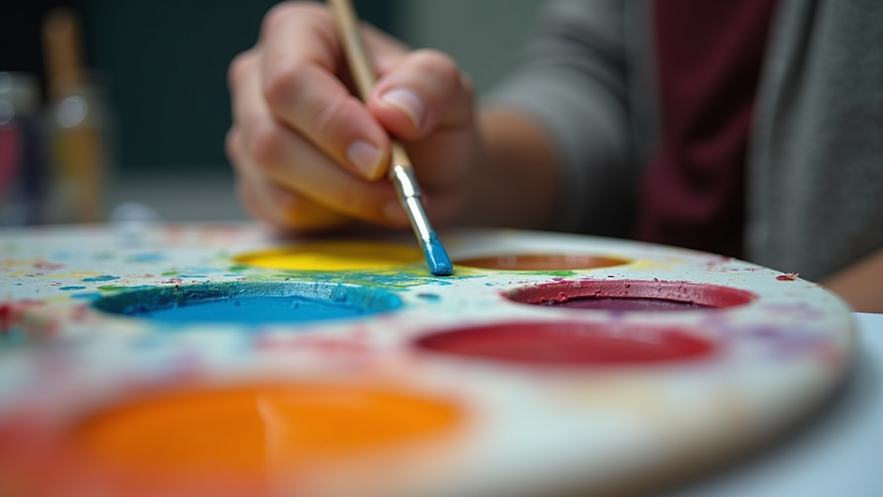 Eye-level view of a painter mixing vibrant colors on a palette