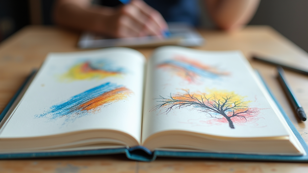eye-level view of a sketchbook with colorful pencil drawings