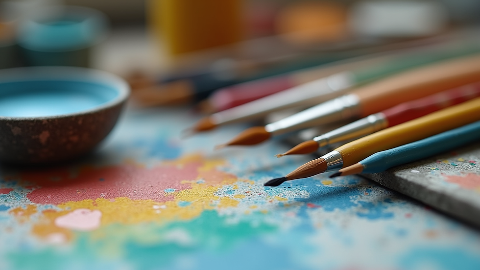 close-up view of various painting tools including brushes, acrylic paints, and pastels